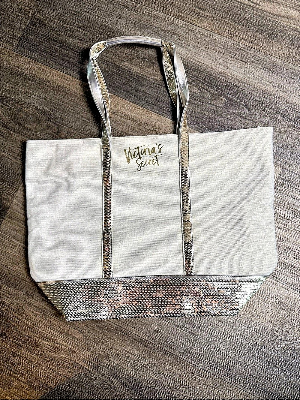 Victoria's Secret Silver Sequin Canvas Tote Bag White & Silver